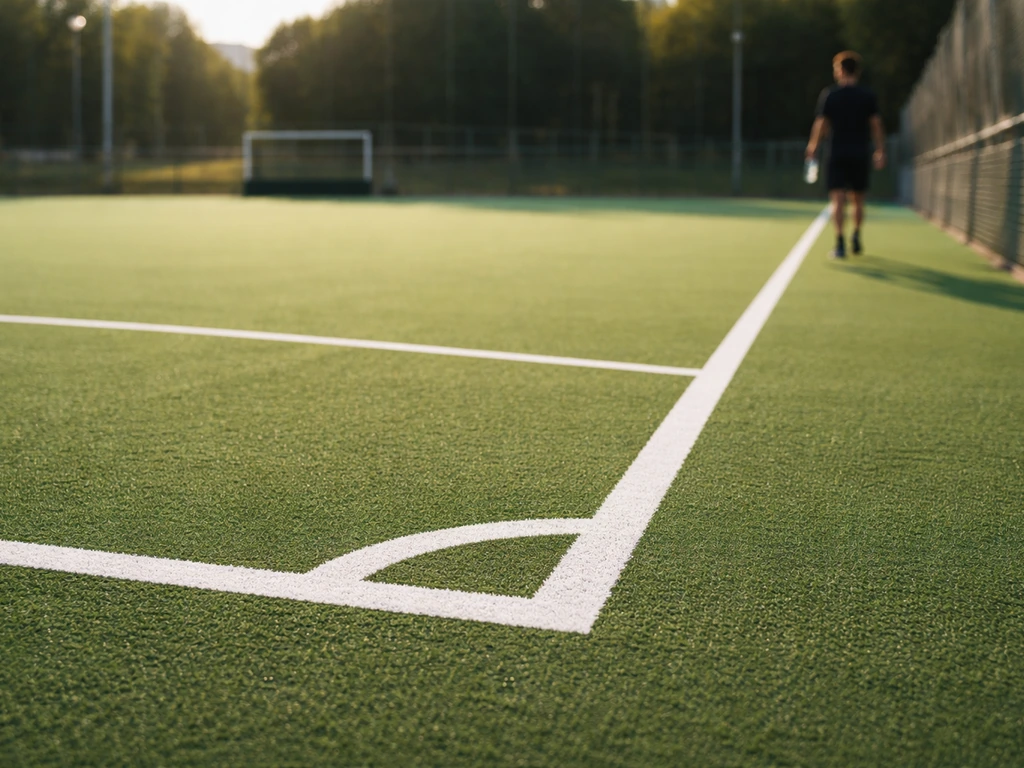 Terrain de hockey sur gazon synthétique aux lignes nettes, ambiance calme avant entraînement au complexe La Licorne.