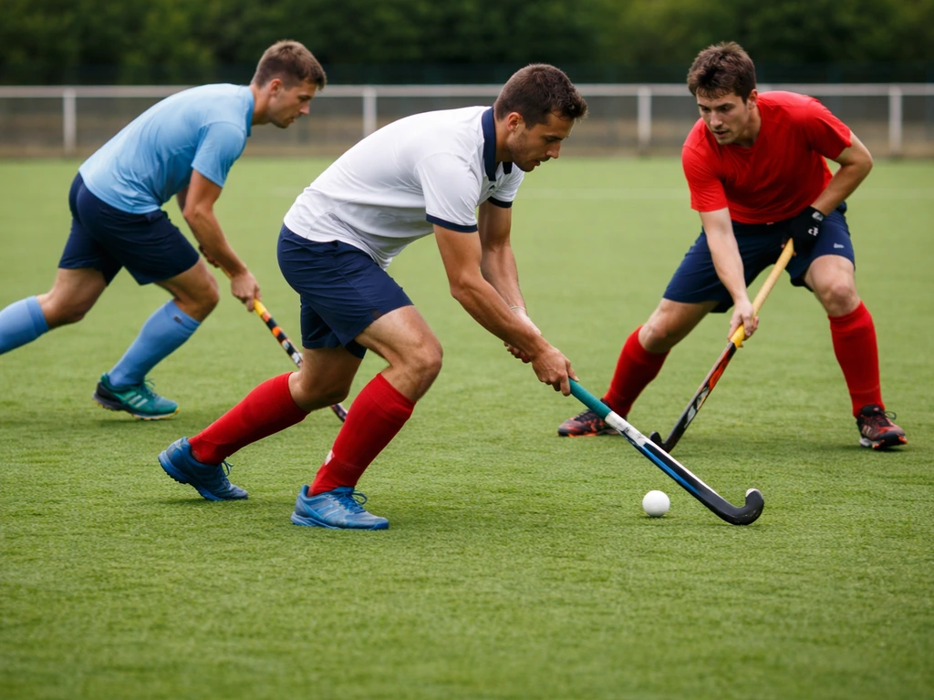 Match de hockey sur gazon sur terrain vert, joueurs en action avec crosse et balle