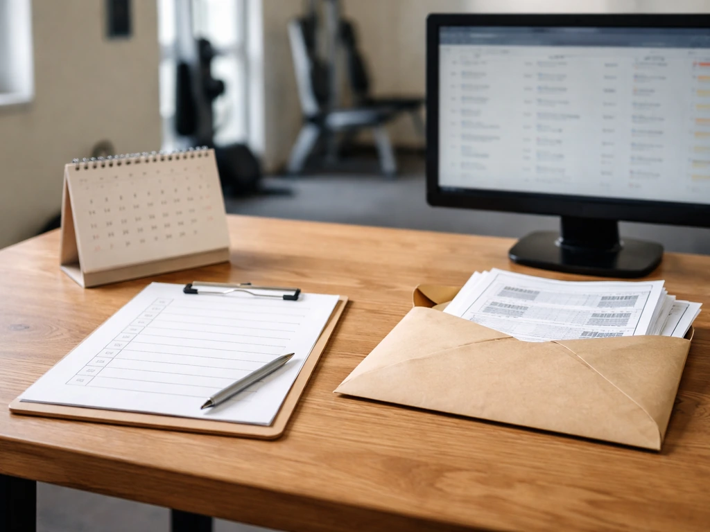 Table avec documents, calendrier et écran montrant des classements flous pour vérifier l’activité d’un club.