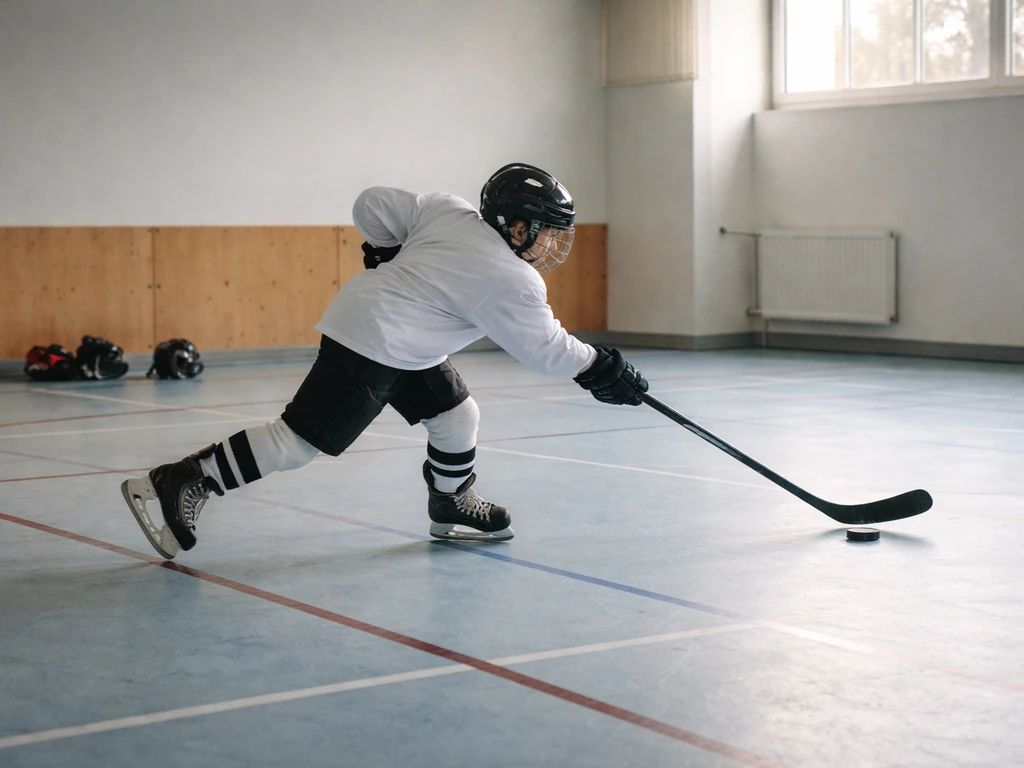 Enfants jouant au hockey sur un terrain réduit, ambiance club, matériel adapté.