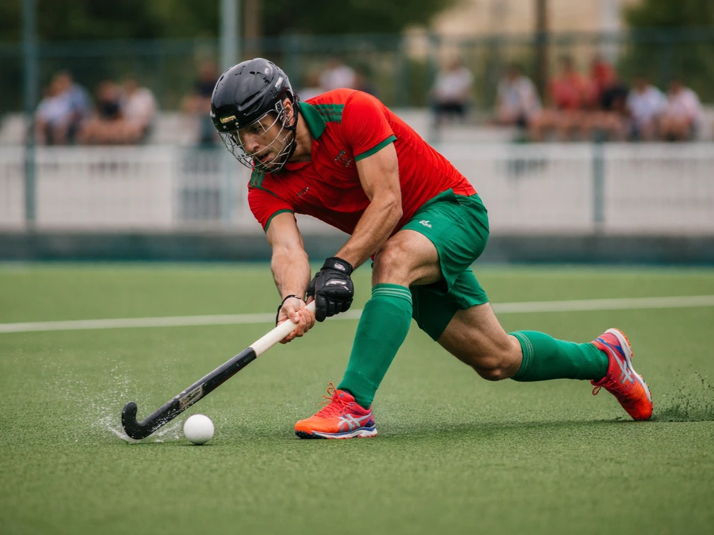 Match de hockey sur gazon au Maroc avec une équipe nationale marocaine en action, sur terrain vert