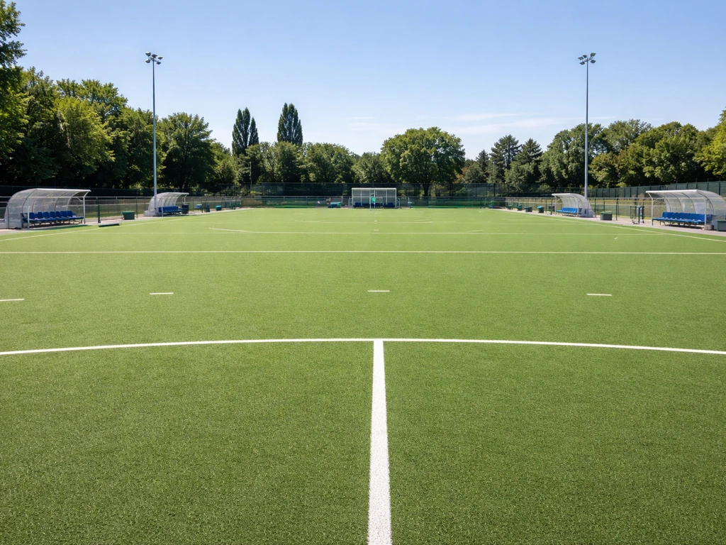 Terrain de hockey sur gazon vu de loin, marquages au sol et zones de bancs visibles, sans joueurs.