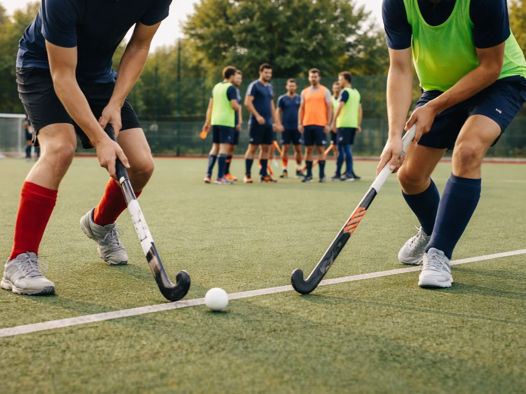 Séance de hockey sur gazon sur un terrain près de Paris, bâtons et chaussettes de club, groupe en tenue.