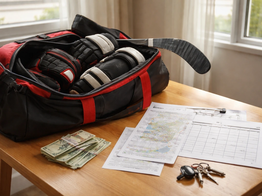 Sac de hockey et documents de voyage posés sur une table, ambiance préparation d’un déplacement vers le Maroc.