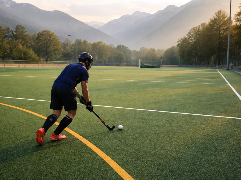 Joueur de hockey sur gazon anonyme à Grenoble sur terrain synthétique, crosse en main et but en arrière-plan.