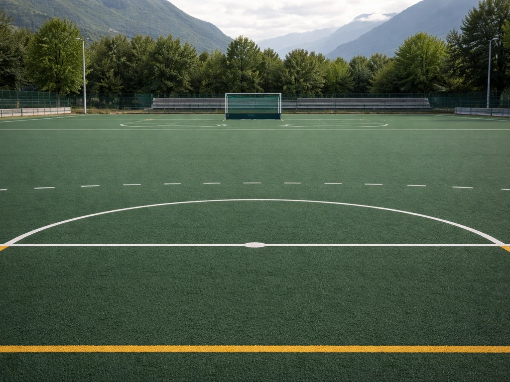 Terrain de hockey sur gazon à Grenoble, lignes de marquage et but, ambiance stade municipal vide.