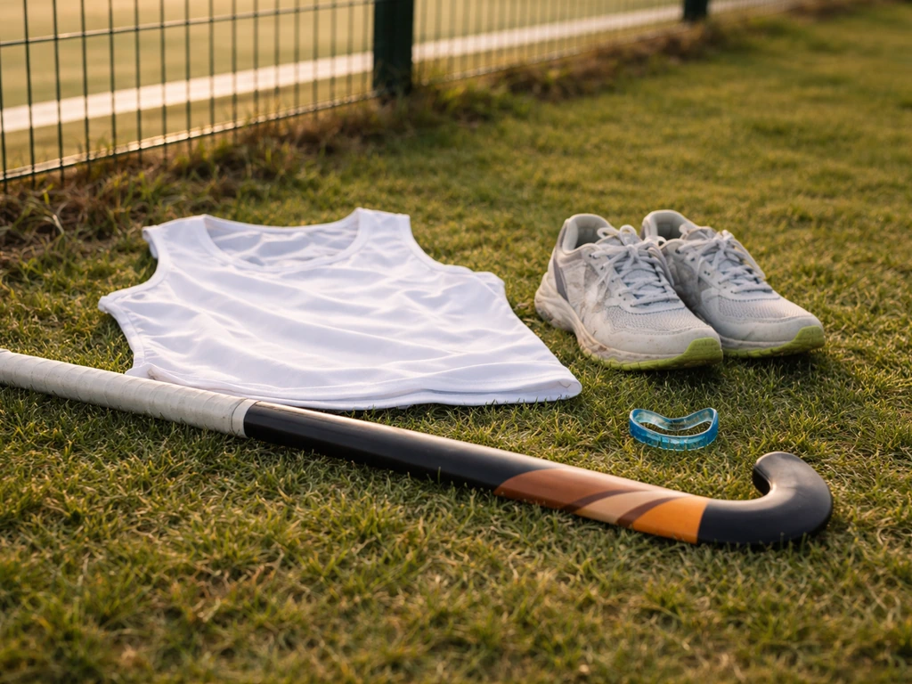 Matériel de hockey posé sur l’herbe près d’un terrain : crosse, protège-dents et chaussures adaptées.