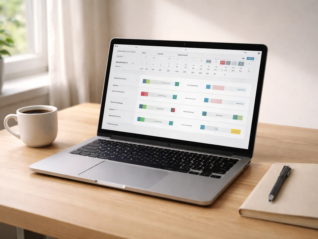Écran d’ordinateur montrant un calendrier et un tableau de résultats de championnat de hockey sur gazon, ambiance calme.