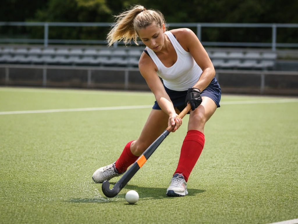 Joueuse de hockey sur gazon en action, contrôle et frappe près du cercle sur gazon synthétique de stade.