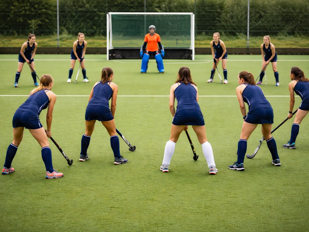 Onze joueuses anonymes de hockey sur gazon en formation, avec la gardienne équipée devant le but.