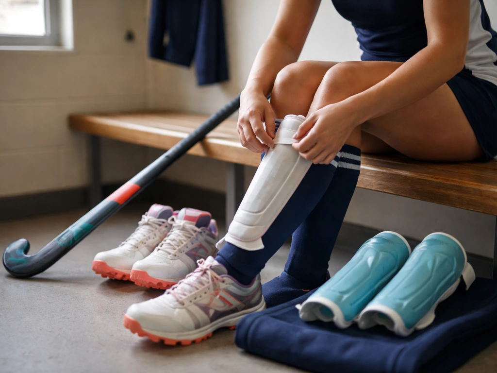 Équipement de hockey sur gazon prêt sur un banc : crosse, protège-tibias et chaussures, joueuse anonyme en tenue de club