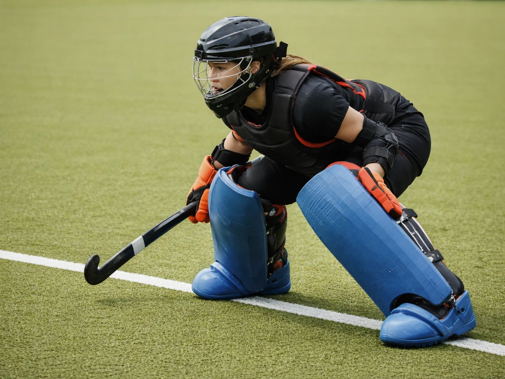 Gardienne de hockey en posture de sécurité, casque à grille et jambières, prête à contrer un penalty corner.
