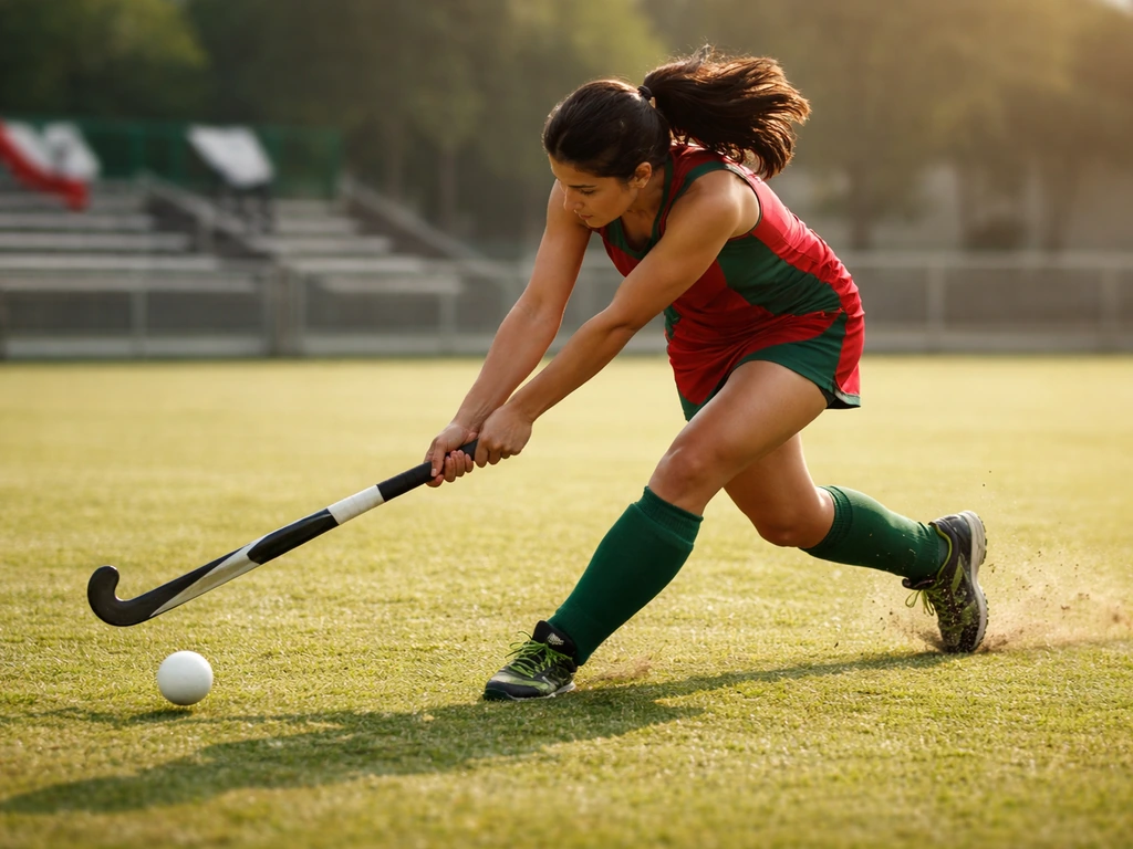 Joueuse anonyme de hockey sur gazon en action au Pakistan, frappe avec le ballon sur un terrain.