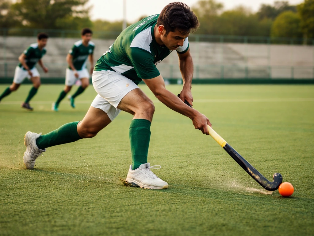 Match de hockey sur gazon sur un terrain synthétique, joueurs en action avec bâtons et ballon