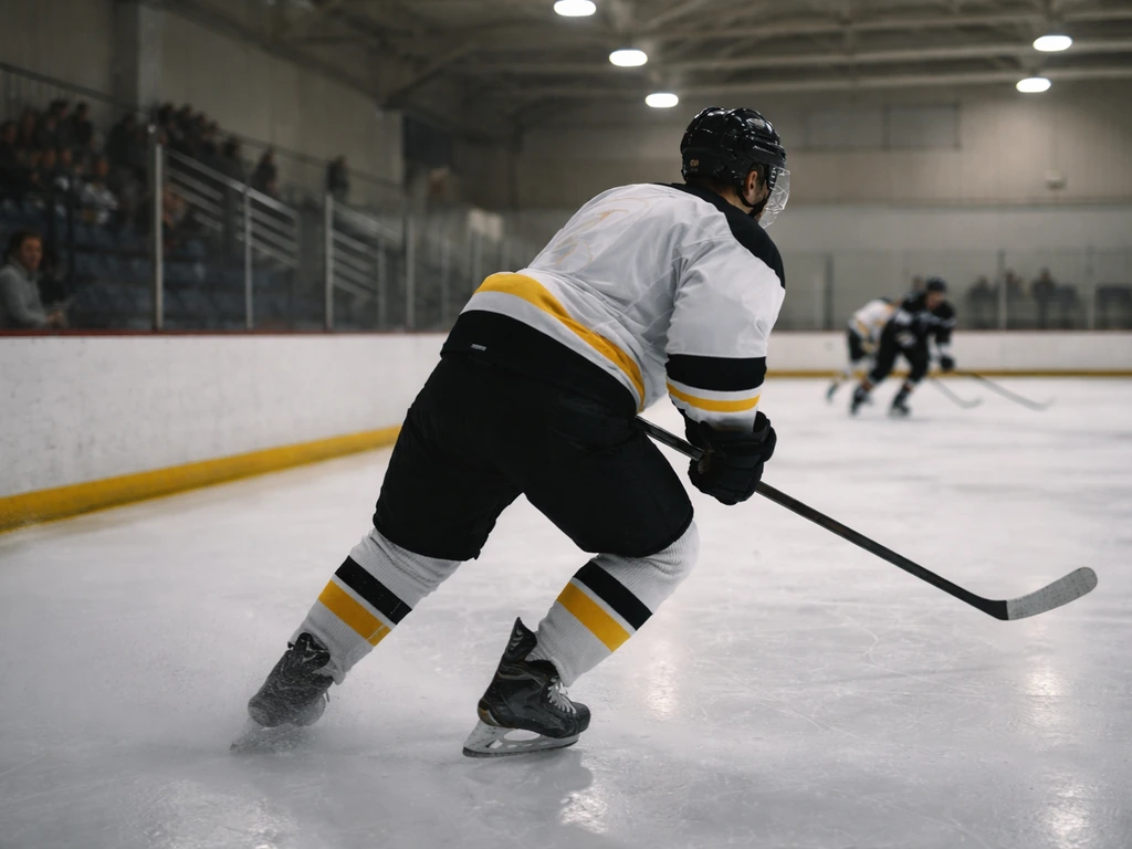 Joueur de hockey anonyme sur la glace, patinoire intérieure et tribunes au fond, ambiance de championnat national.