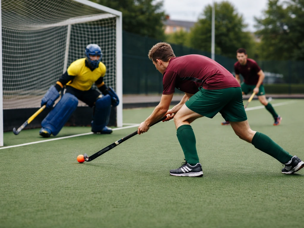 Action de hockey sur gazon près du but sur un terrain synthétique à Bordeaux, joueurs anonymes en tenue sportive.