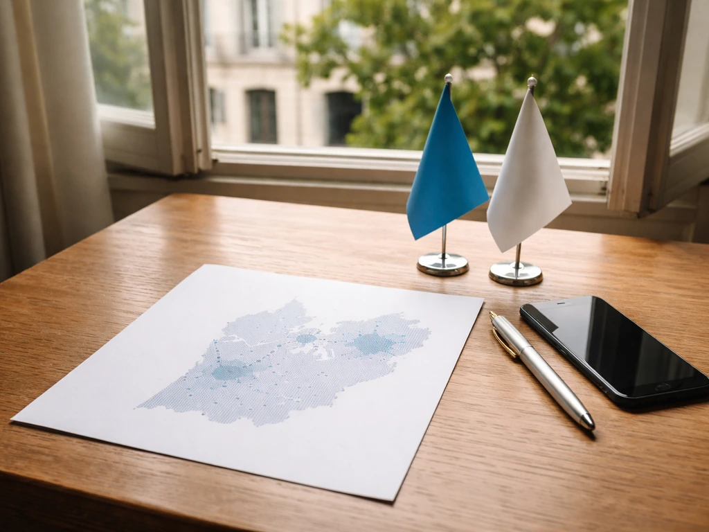 Table près d’une fenêtre à Bordeaux avec deux zones géographiques suggérées sur une feuille, sans texte.