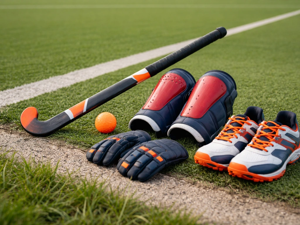 Équipement complet de hockey sur gazon posé près d’un terrain de gazon synthétique, ambiance extérieure.