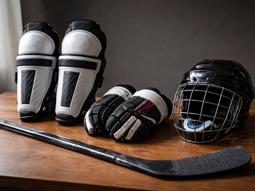 Plan rapproché de l’équipement de protection de hockey : stick, protège-tibias, gants, casque/protège-dents.