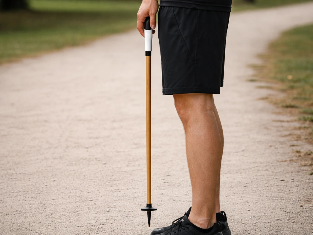 Stick tenu verticalement près de la hanche, montrant comment vérifier la longueur à l’œil.