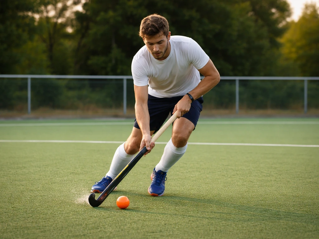 Joueur de hockey sur gazon dribblant une balle sur un terrain synthétique à Carquefou, près de Nantes.