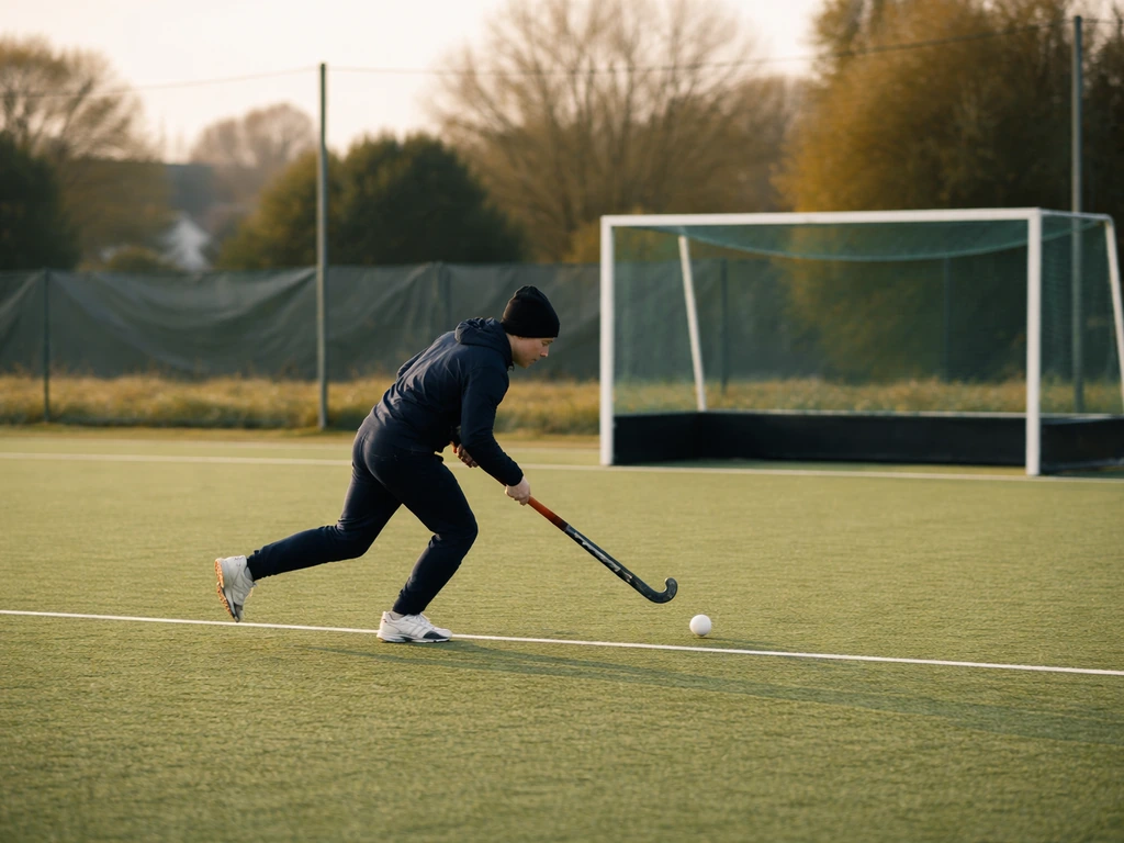 Joueur anonyme de hockey sur gazon sur un terrain près d’une bâche, ambiance club de Carquefou.