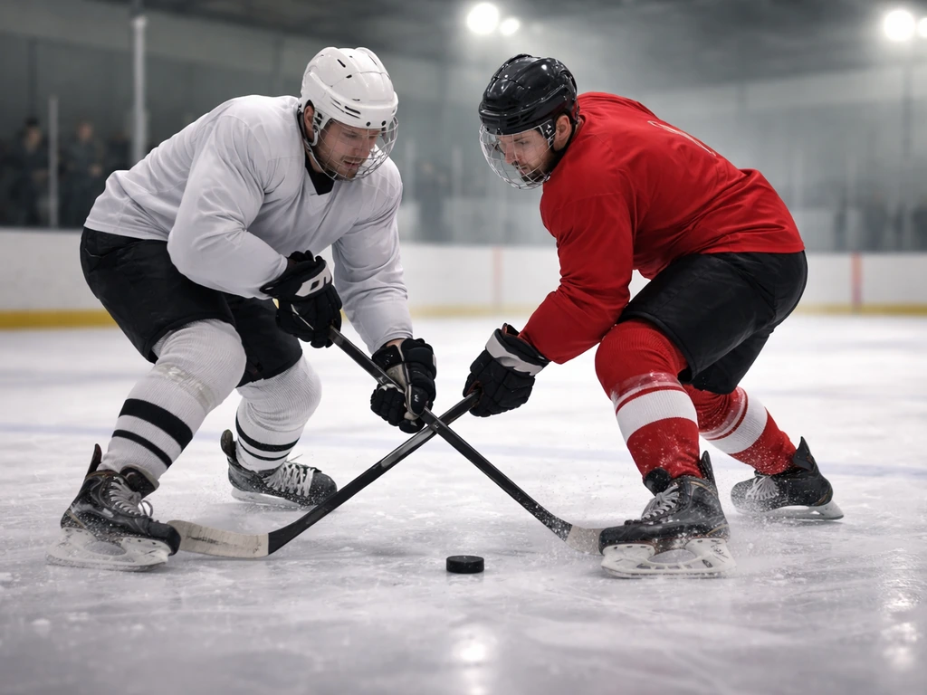 Deux joueurs de hockey se disputent une rondelle sur la glace, action en duel en patinoire.