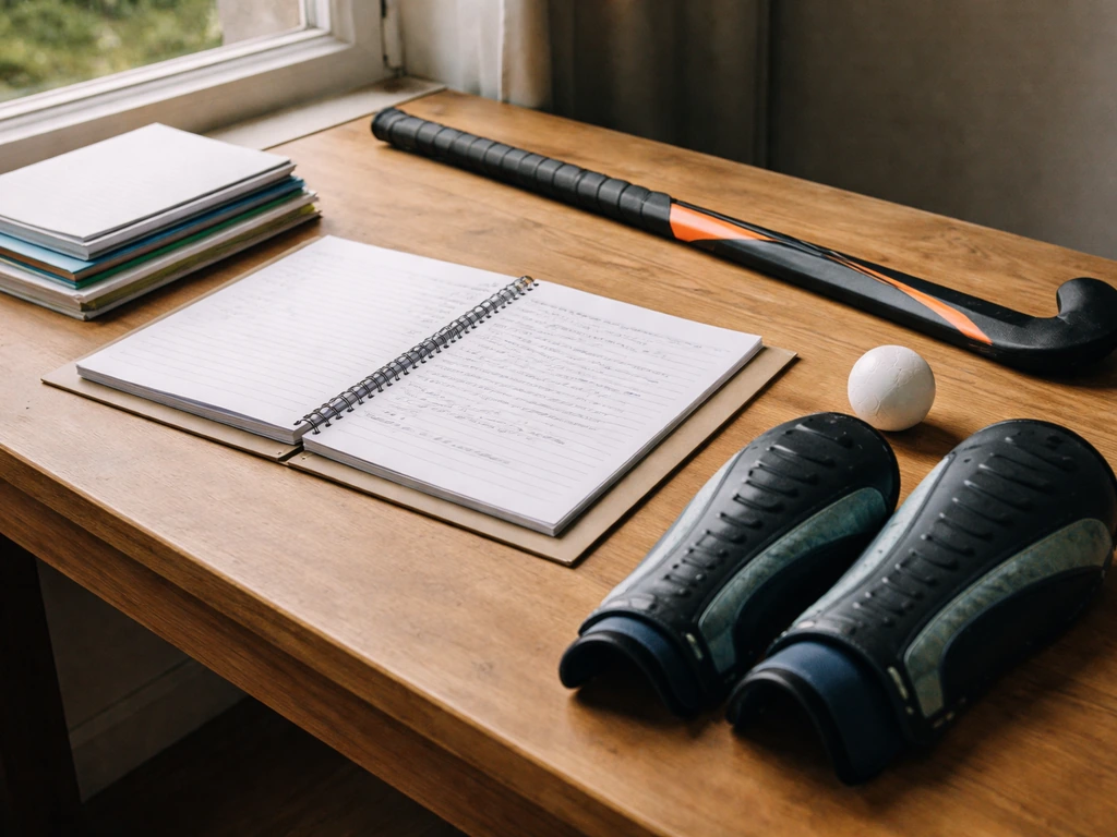 Cahiers scolaires et équipement de hockey sur gazon sur une table, illustrant le double parcours sport-études.