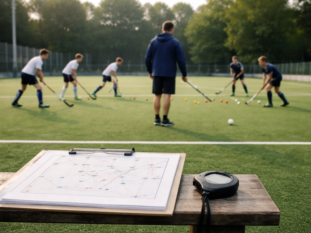 Joueurs de hockey sur gazon s’entraînant, avec support de plan d’entraînement et chronomètre non lisibles sur le terrain