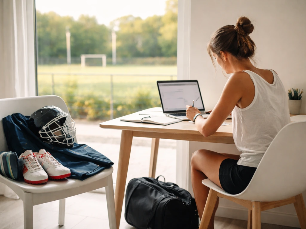 Étudiante au bureau avec devoirs, tenue de sport posée près de l’ordinateur, terrain de hockey sur gazon en arrière-plan