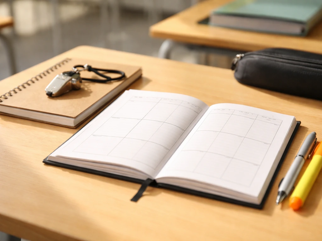 Vue de dessus d’un agenda scolaire ouvert, stylos et accessoires sportifs, ambiance de rentrée et planification.