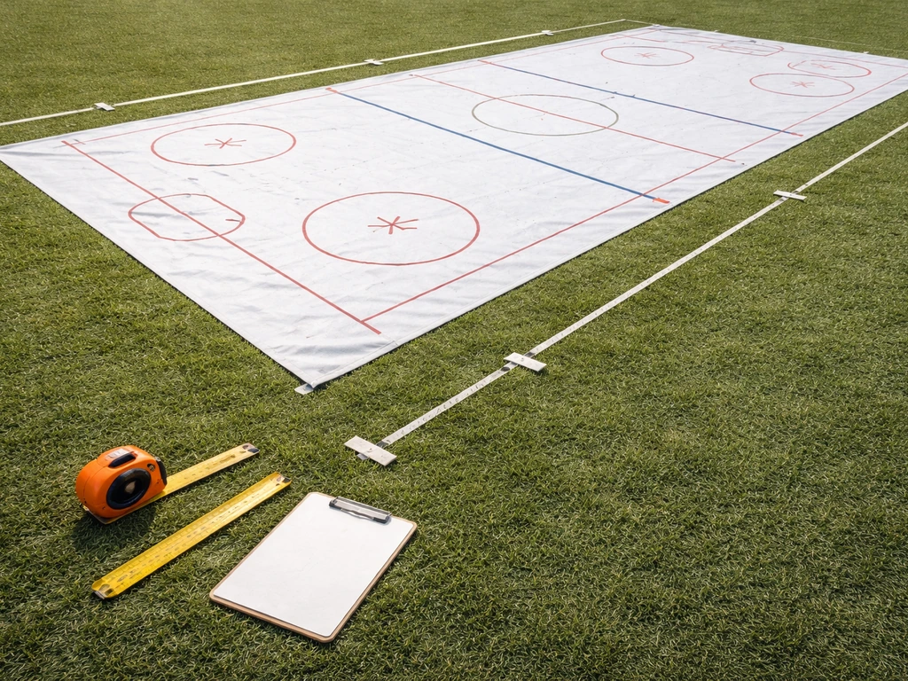 Ruban et repères au sol sur un terrain de hockey, illustrant les dimensions officielles sans texte.