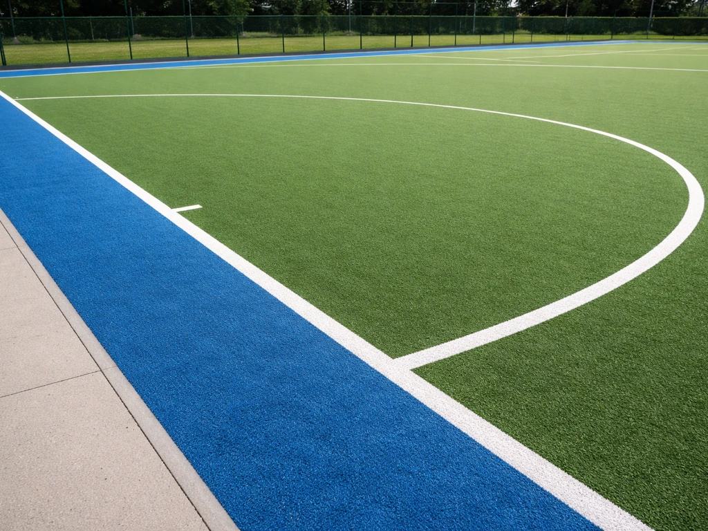 Terrain de hockey, ligne de but et zones de dégagement avec une bande de sécurité autour.