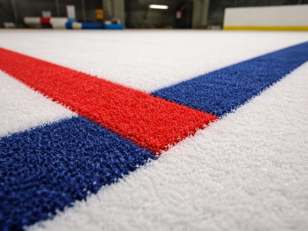 Gros plan sur des lignes de marquage incrustées dans le revêtement d’une patinoire, jonctions nettes.