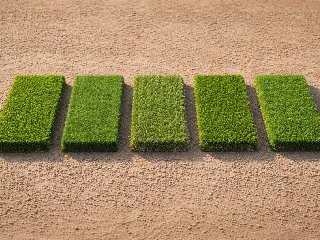 Cinq petites sections de gazon naturel aux textures et hauteurs différentes, éclairage naturel, rendu réaliste.
