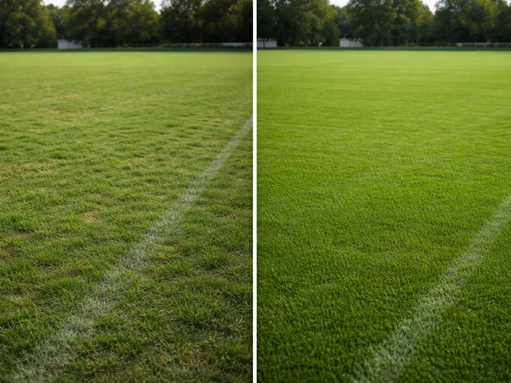 Comparaison côte à côte de deux pelouses de football : terrain standard à gauche, niveau JO à droite.