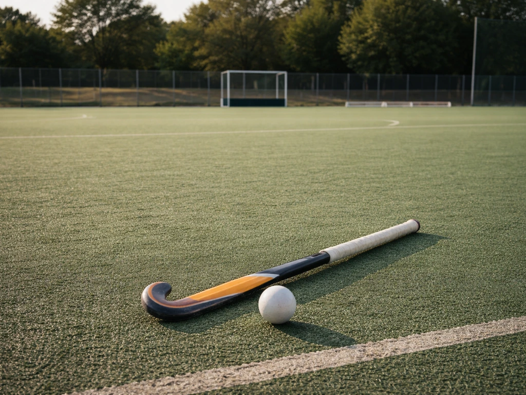 Terrain de hockey sur gazon à Montpellier avec une crosse et un ballon, ambiance d’entraînement calme