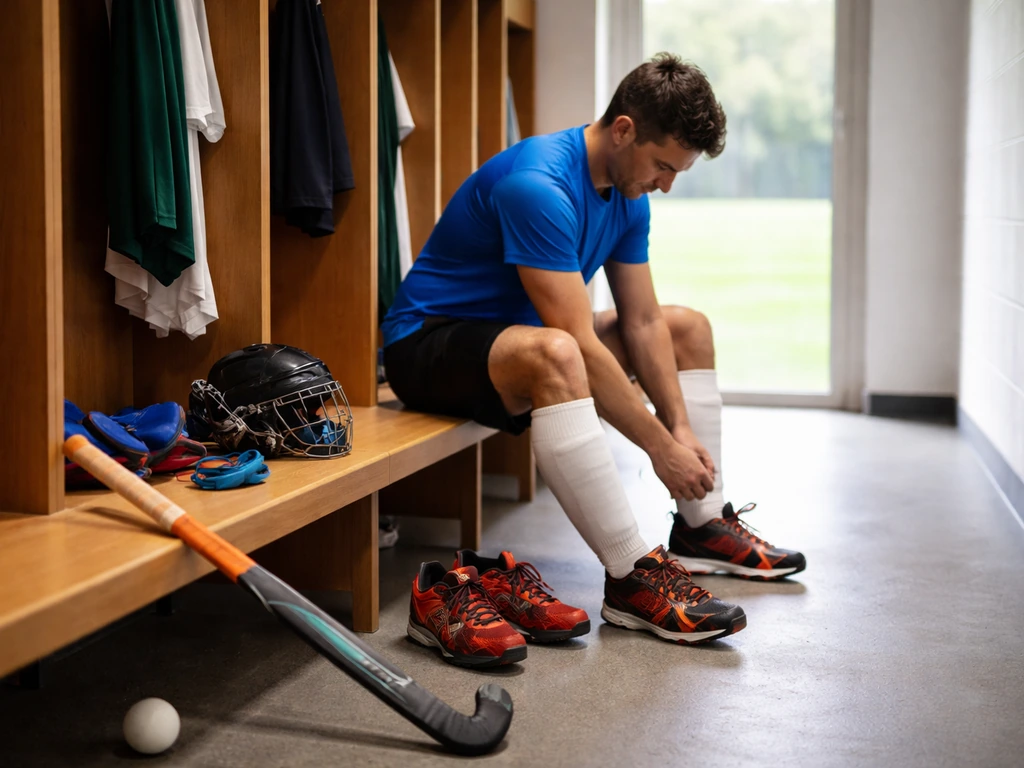 Équipement de hockey sur gazon prêt dans un vestiaire, crosse et chaussures posées avant une séance d’essai.