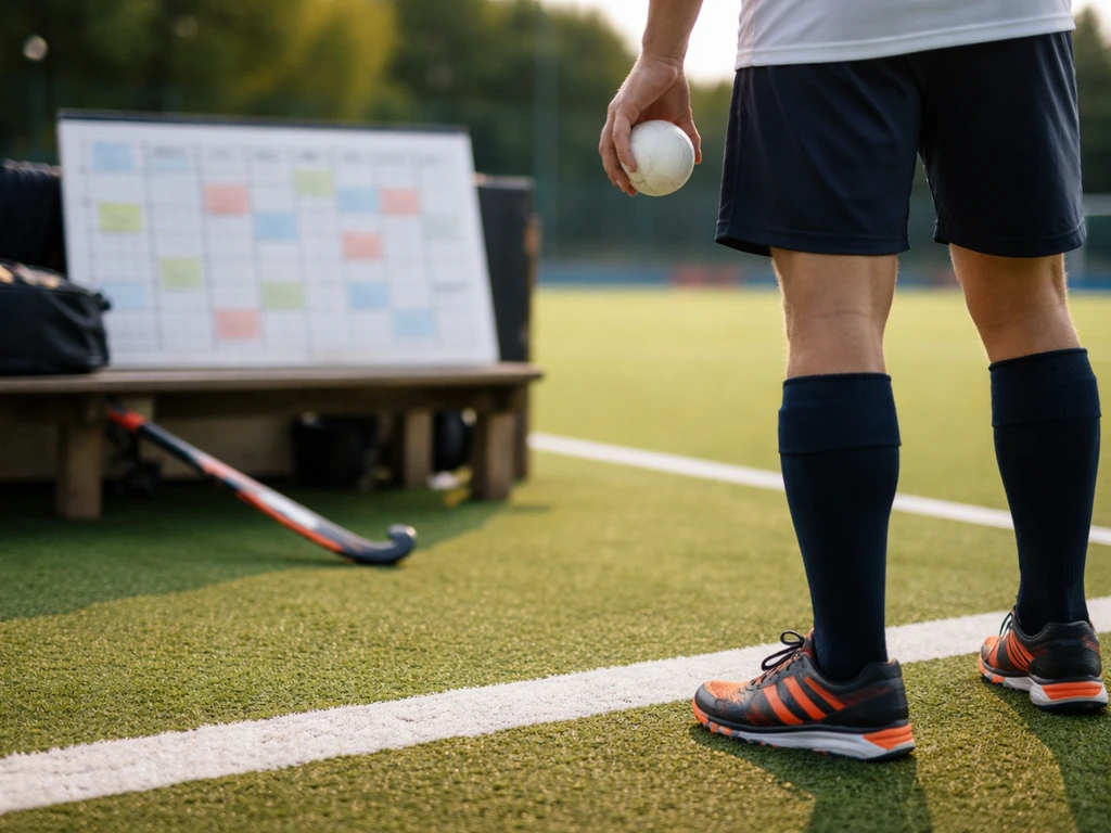Terrain de hockey sur gazon avec ballon et échiquier de match en arrière-plan, ambiance de saison