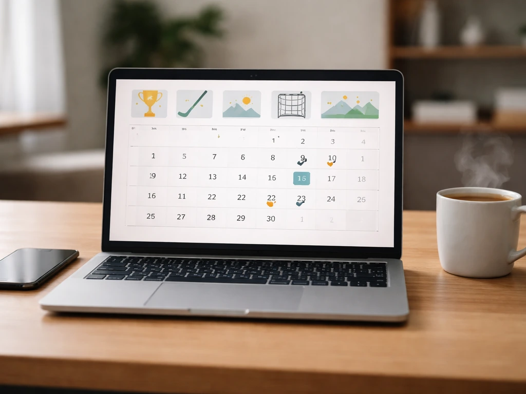 Écran d’ordinateur dans un bureau montrant un calendrier de championnats de hockey sur gazon, vue simple.