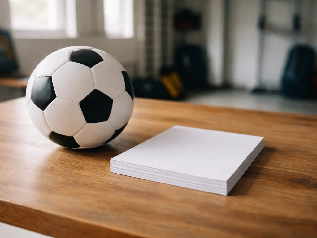 Ballon de football et feuilles vierges sur une table de club sportif, ambiance organisation des championnats.