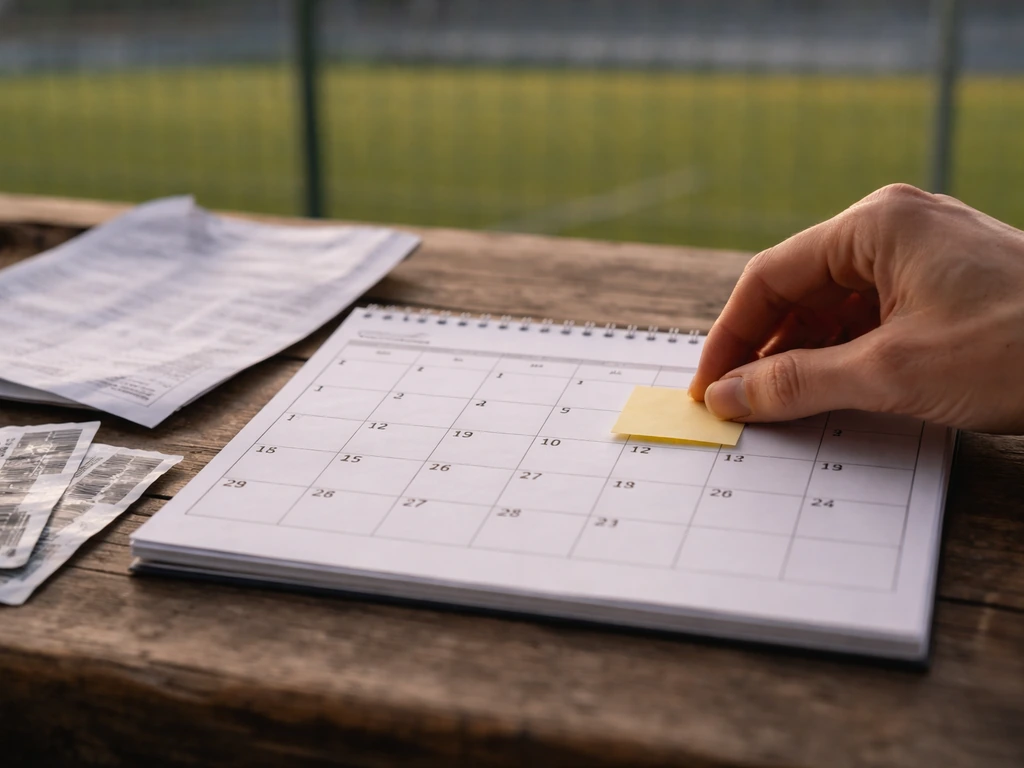 Calendrier et documents sur une table près d’un stade, main anonyme déplaçant un post-it vierge.