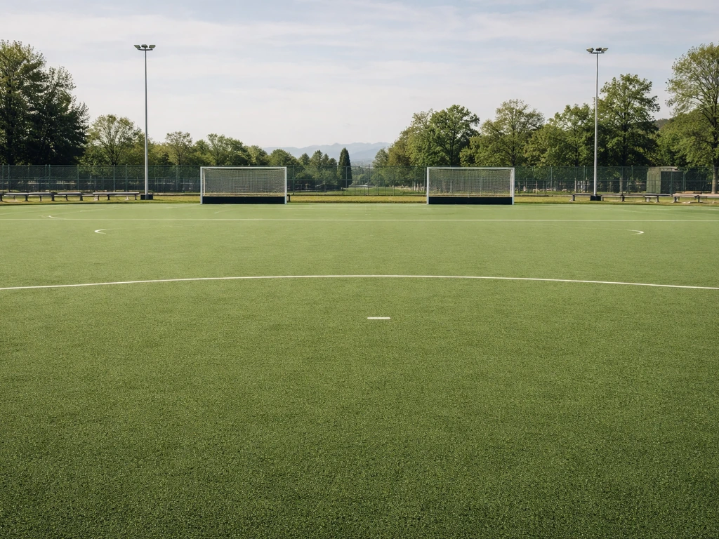 Terrain d’entraînement de hockey sur gazon extérieur à Vidy, avec buts et marquages, sous lumière naturelle.