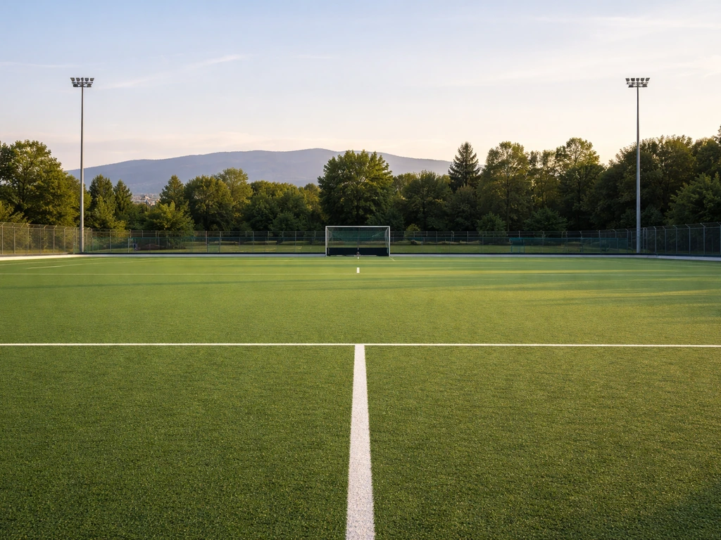 Terrain de hockey sur gazon au stade de Richemont à Genève, clôtures et marquages visibles, ambiance calme.
