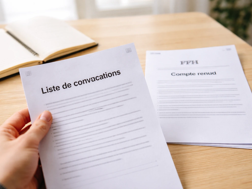 Feuillets officiels de convocations et compte rendu sur un bureau, ambiance bureau sportif sobre.
