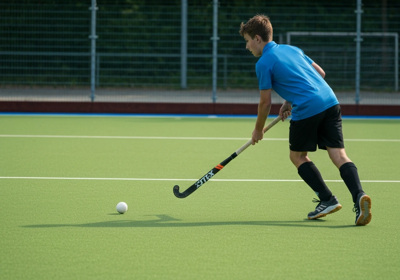 Action de hockey sur gazon sur terrain synthétique à Lille, balle au sol et mouvement avec un stick