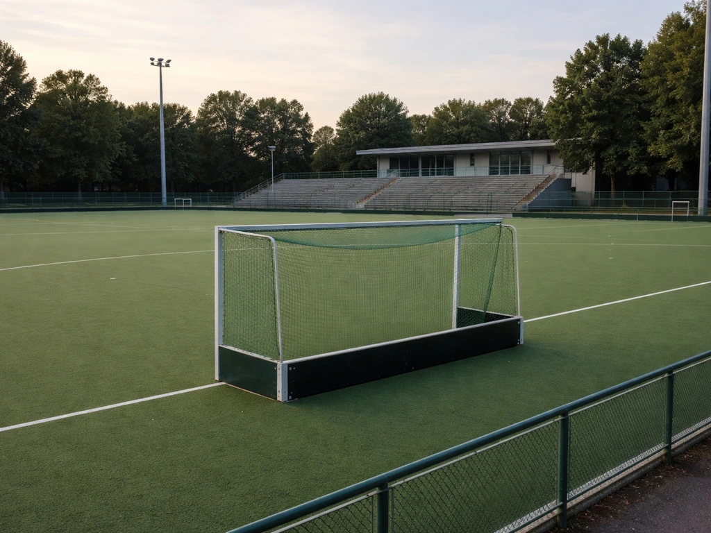 Terrain de hockey sur gazon près des tribunes à Lille, avec but et lignes au sol.