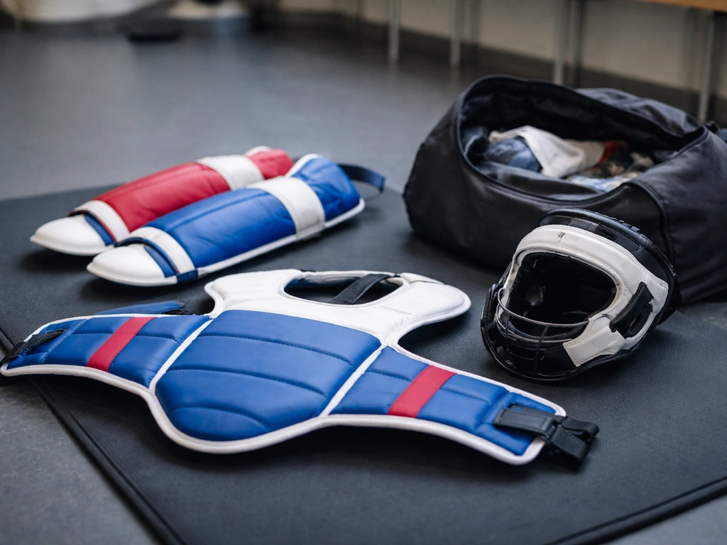 Jambières, casque/masque et plastron de protection disposés dans un vestiaire, vus de près.