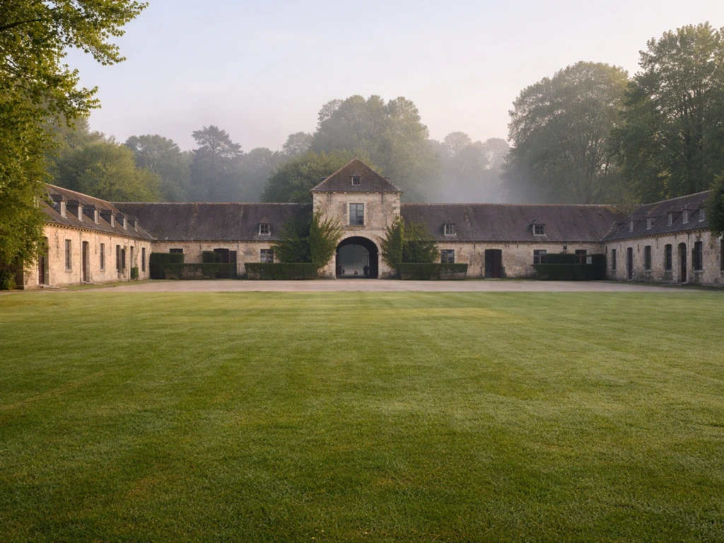 Vue extérieure du Haras Lupin, cour en pierre et pelouse verte évoquant le football et le hockey sur gazon.