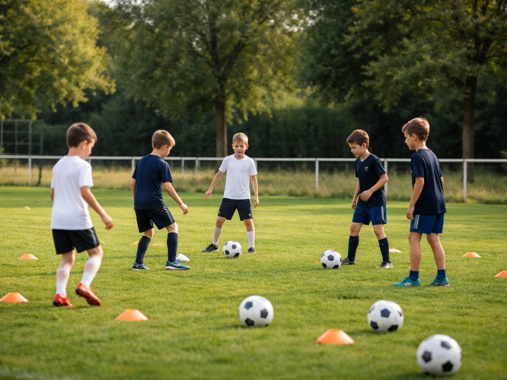 Séance de football de jeunes sur un terrain, ballons et mini-cones, ambiance d’entraînement au Haras Lupin.